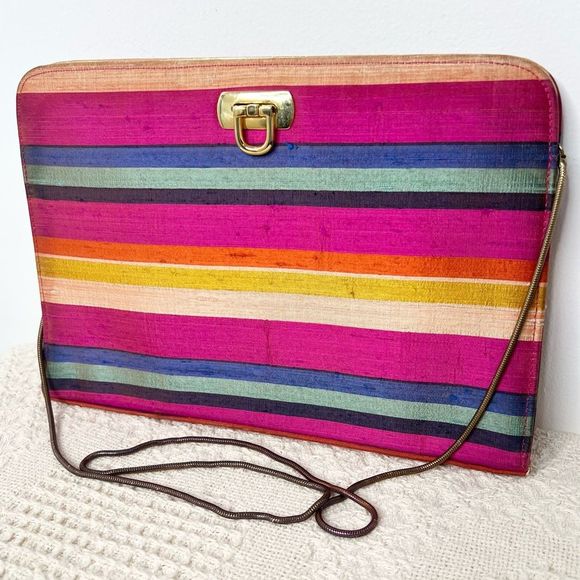 Vintage Handbags - 90s Vintage Costablanca Silk Stripe Chain Clutch Multicolor Rainbow Spain